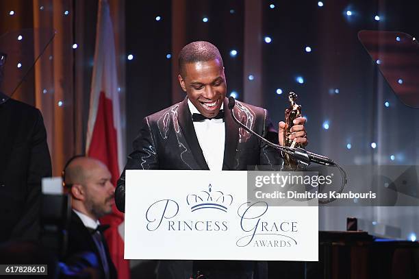 Princess Grace Statue Award Recipient Leslie Odom Jr. Speaks onstage during the 2016 Princess Grace Awards Gala with presenting sponsor Christian...