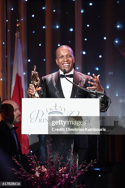 Princess Grace Statue Award Recipient Leslie Odom Jr. Speaks onstage during the 2016 Princess Grace Awards Gala with presenting sponsor Christian...
