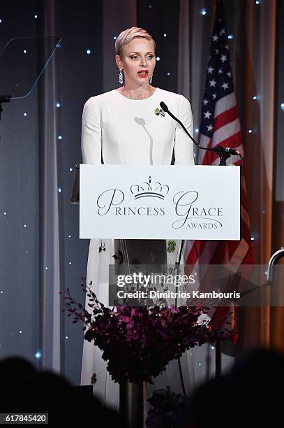 Her Serene Highness Princess Charlene of Monaco speaks onstage during the 2016 Princess Grace Awards Gala with presenting sponsor Christian Dior...