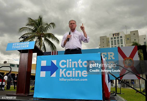 Democratic vice presidential nominee U.S. Sen. Tim Kaine speaks during a campaign rally at Florida International University on October 24, 2016 in...