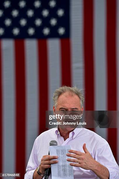 Democratic vice presidential nominee U.S. Sen. Tim Kaine speaks during a campaign rally at Florida International University on October 24, 2016 in...