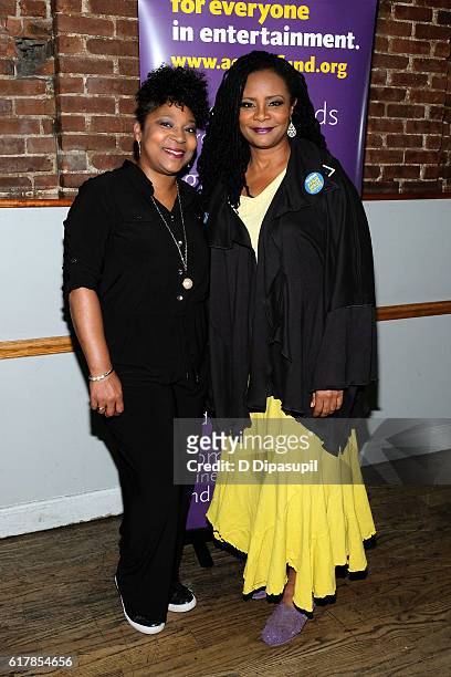 Tonya Pinkins and guest attend the 20th anniversary of "Nothing Like a Dame" benefit performance after party at Johns Pizzeria on October 24, 2016 in...