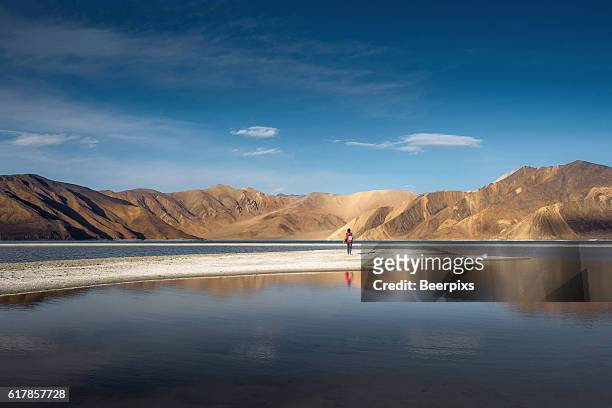 the person look at mountains in pangong lake and blue sky, leh ladakh. - wide stock pictures, royalty-free photos & images