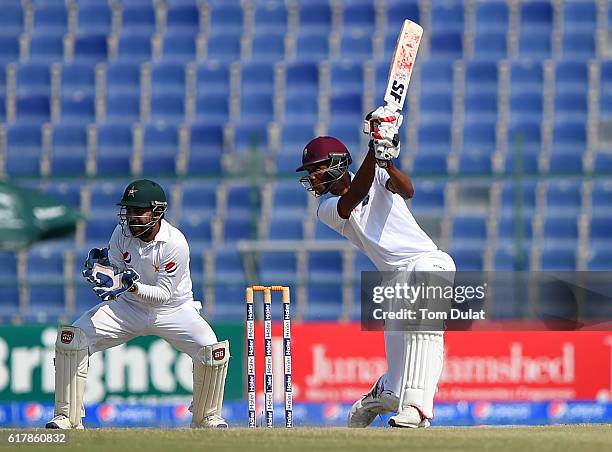 Roston Chase of West Indies bats during Day Five of the Second Test between Pakistan and West Indies at Zayed Cricket Stadium on October 25, 2016 in...