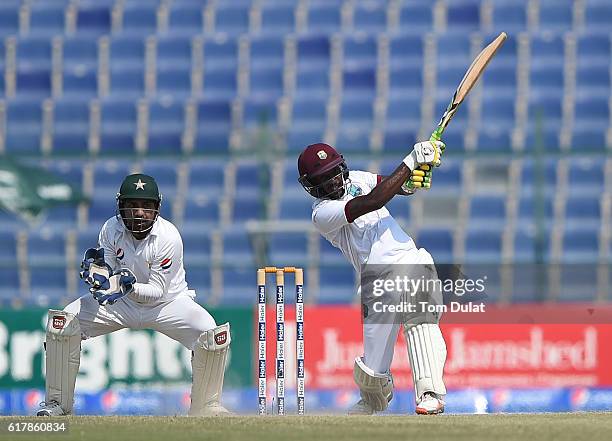 Jermaine Blackwood of West Indies bats during Day Five of the Second Test between Pakistan and West Indies at Zayed Cricket Stadium on October 25,...