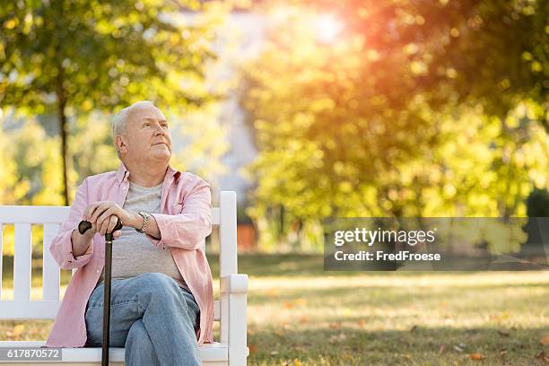 senior man sitting on bench outdoors - walking cane 個照片及圖片檔