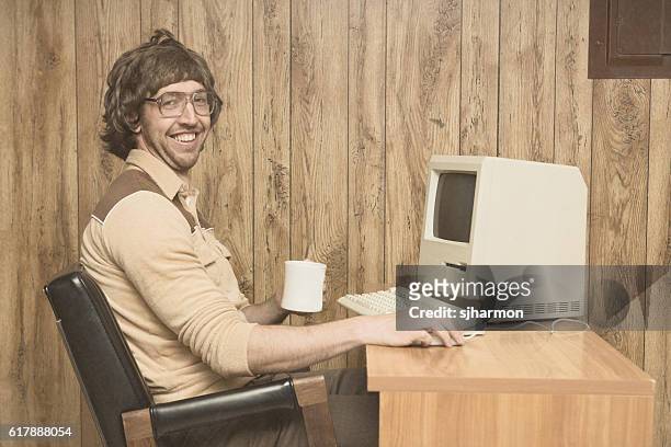 retro computer office nerd at home office - geek stock pictures, royalty-free photos & images