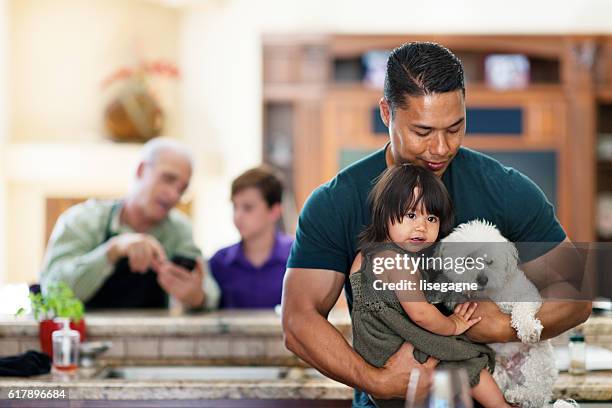 father, daughter and dog - blended family stockfoto's en -beelden