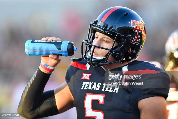 Patrick Mahomes II of the Texas Tech Red Raiders during warm ups before the game between the Texas Tech Red Raiders and the Oklahoma Sooners on...