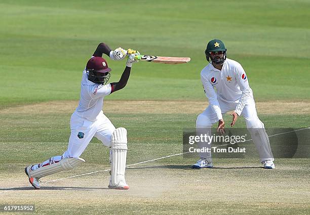 Jermaine Blackwood of West Indies bats during Day Five of the Second Test between Pakistan and West Indies at Zayed Cricket Stadium on October 25,...