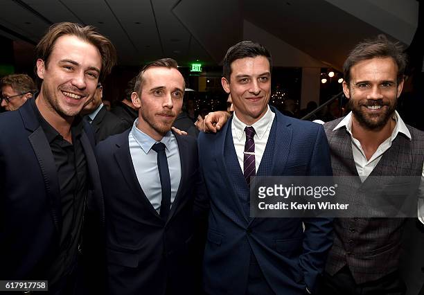Actors Ben O'Toole, Benedict Hardie, James Mackey and Luke Pegler pose at the after party for a screening of Summit Entertainment's "Hacksaw Ridge"...