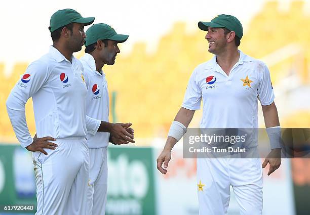 Yasir Shah of Pakistan smiles during Day Five of the Second Test between Pakistan and West Indies at Zayed Cricket Stadium on October 25, 2016 in Abu...