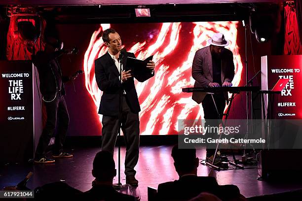 Actor Jude Law on stage in the grand finale of The Life RX Live, a digital first, improvised on-the-road live-streamed performance starring Jude to...