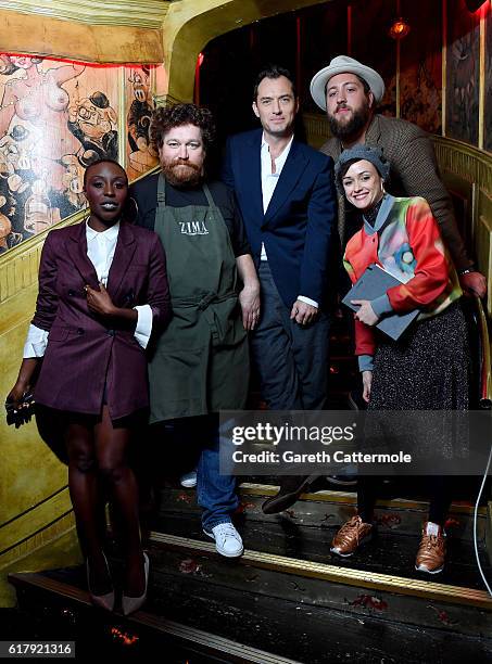Actor Jude Law, musician James Gardiner-Bateman, singer Laura Mvula, head chef Alexei Zimin and Sabrina Mahfouz pose behind the scenes of The Life RX...