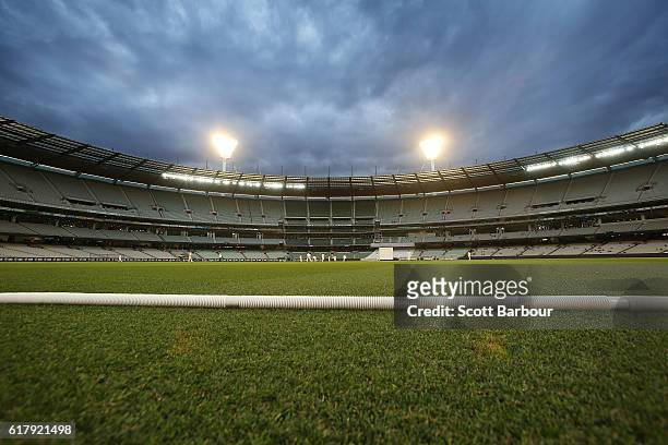 General view at dusk during day one of the day-night Sheffield Shield match between Victoria and Tasmania at the Melbourne Cricket Ground on October...