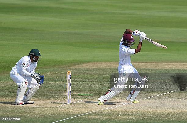 Shai Hope of West Indies bats during Day Five of the Second Test between Pakistan and West Indies at Zayed Cricket Stadium on October 25, 2016 in Abu...