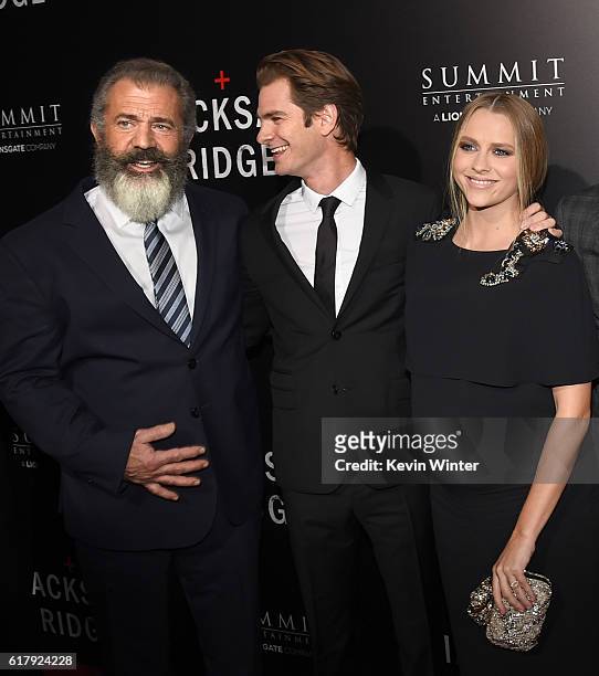 Director Mel Gibson, actor Andrew Garfield and actress Teresa Palmer arrive at the screening of Summit Entertainment's "Hacksaw Ridge" at the Samuel...