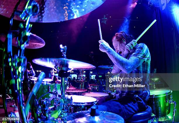 Drummer Morgan Rose of Sevendust performs during a stop of the band's Kill the Flaw tour at Brooklyn Bowl Las Vegas at The Linq Promenade on October...