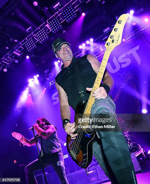 Singer Lajon Witherspoon and bassist Vince Hornsby of Sevendust perform during a stop of the band's Kill the Flaw tour at Brooklyn Bowl Las Vegas at...