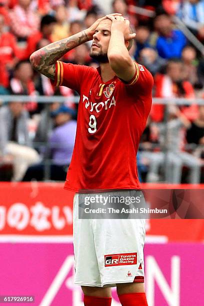 Robin Simovic of Nagoya Grampus reacts after missing a chance during the J.League match between Nagoya Grampus and Jubilo Iwata at Toyota Stadium on...