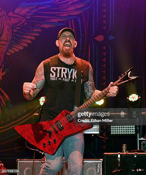 Guitarist John Connolly of Sevendust performs during a stop of the band's Kill the Flaw tour at Brooklyn Bowl Las Vegas at The Linq Promenade on...