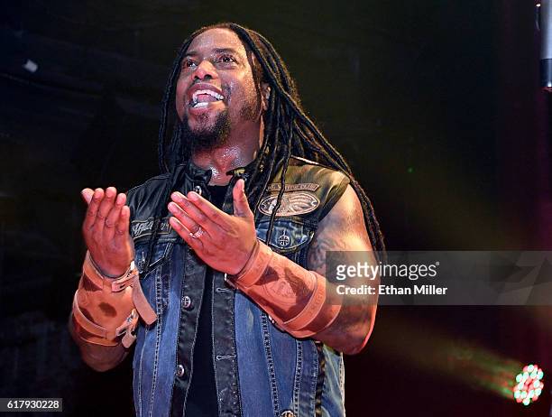 Singer Lajon Witherspoon of Sevendust performs during a stop of the band's Kill the Flaw tour at Brooklyn Bowl Las Vegas at The Linq Promenade on...