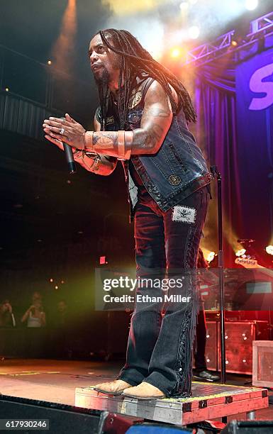 Singer Lajon Witherspoon of Sevendust performs during a stop of the band's Kill the Flaw tour at Brooklyn Bowl Las Vegas at The Linq Promenade on...