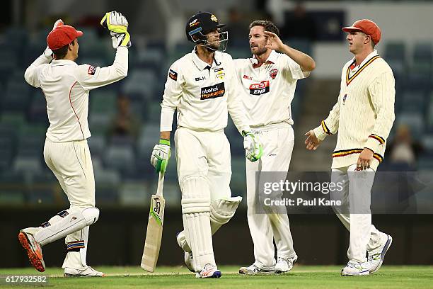 Chadd Sayers of the Redbacks celebrates the wicket of Sam Whiteman of the Warriors during day one of the Sheffield Shield match between Western...