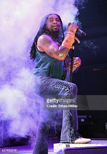 Singer Lajon Witherspoon of Sevendust performs during a stop of the band's Kill the Flaw tour at Brooklyn Bowl Las Vegas at The Linq Promenade on...