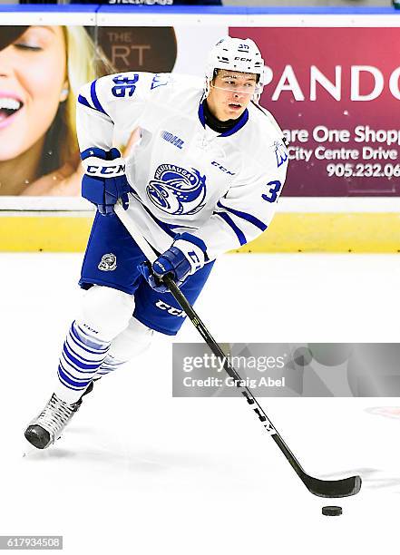 Austin Osmanski of the Mississauga Steelheads skates in warmup prior to a game against the Niagara IceDogs on October 21, 2016 at Hershey Centre in...