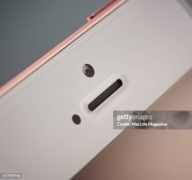 Detail of an Apple iPhone SE smartphone, taken on April 10, 2016.