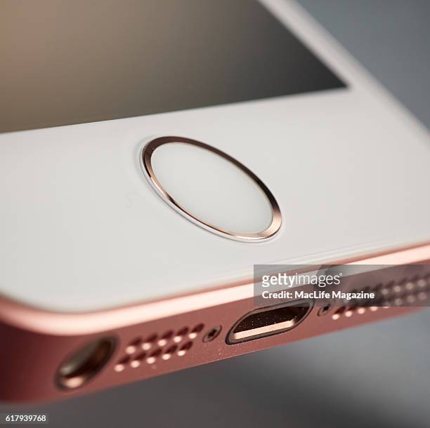 Detail of an Apple iPhone SE smartphone, taken on April 10, 2016.