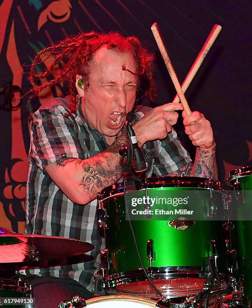 Drummer Morgan Rose of Sevendust performs during a stop of the band's Kill the Flaw tour at Brooklyn Bowl Las Vegas at The Linq Promenade on October...