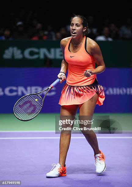 Madison Keys of the United States celebrates victory in her singles match against Dominika Cibulkova of Slovakia during day 3 of the BNP Paribas WTA...