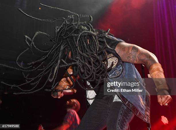 Singer Lajon Witherspoon of Sevendust performs during a stop of the band's Kill the Flaw tour at Brooklyn Bowl Las Vegas at The Linq Promenade on...