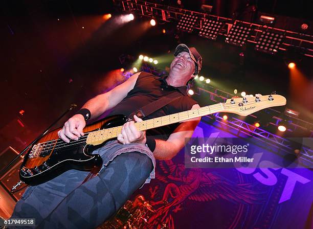 Bassist Vince Hornsby of Sevendust performs during a stop of the band's Kill the Flaw tour at Brooklyn Bowl Las Vegas at The Linq Promenade on...