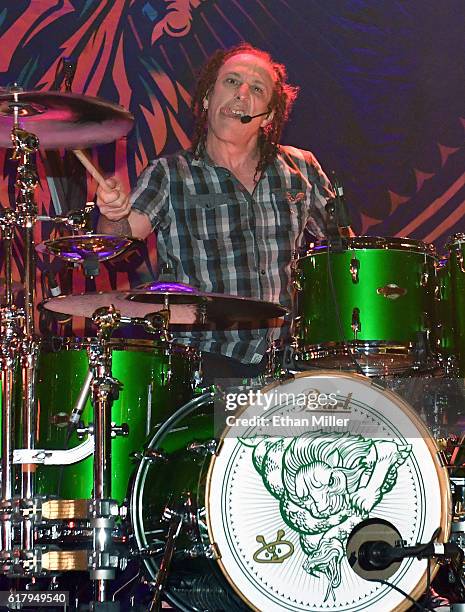 Drummer Morgan Rose of Sevendust performs during a stop of the band's Kill the Flaw tour at Brooklyn Bowl Las Vegas at The Linq Promenade on October...