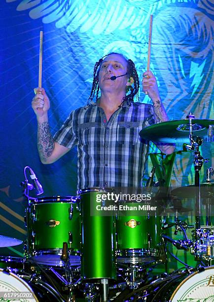 Drummer Morgan Rose of Sevendust performs during a stop of the band's Kill the Flaw tour at Brooklyn Bowl Las Vegas at The Linq Promenade on October...