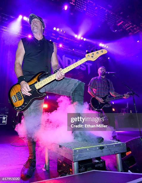 Bassist Vince Hornsby and guitarist Clint Lowery of Sevendust perform during a stop of the band's Kill the Flaw tour at Brooklyn Bowl Las Vegas at...