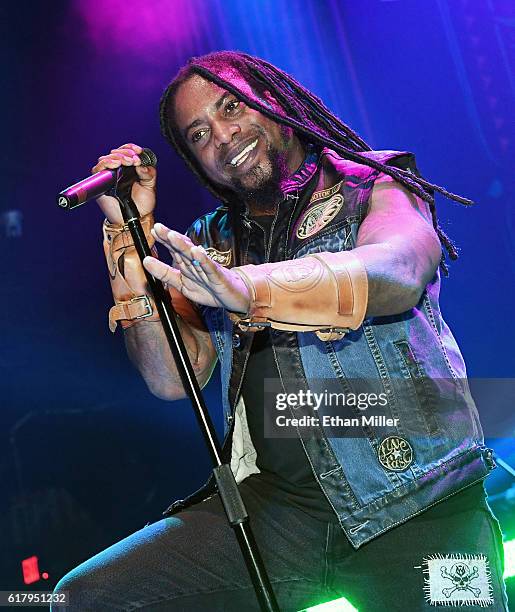 Singer Lajon Witherspoon of Sevendust performs during a stop of the band's Kill the Flaw tour at Brooklyn Bowl Las Vegas at The Linq Promenade on...