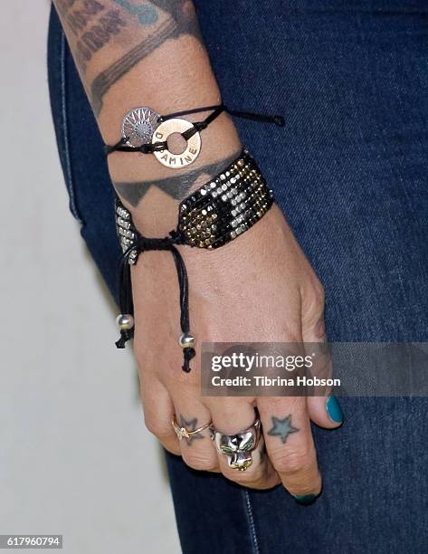 Pixie Acia, fashion detail, attends the Screening of National Geographic Channel's 'Before The Flood' at Bing Theater At LACMA on October 24, 2016 in...