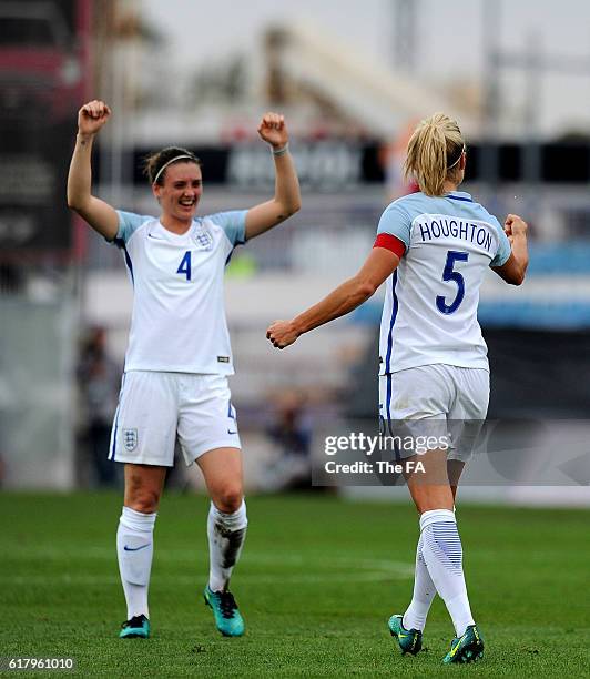 Steph Houghton of England Women celebrates with Jade Moore after scoring England's 2nd goal from a free kick during the Spain Women v England Women...