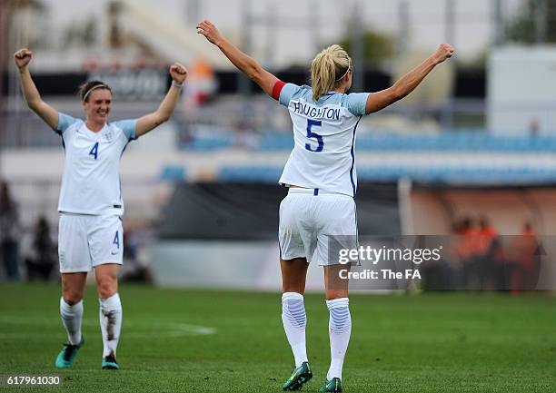 Steph Houghton of England Women celebrates with Jade Moore after scoring England's 2nd goal from a free kick during the Spain Women v England Women...