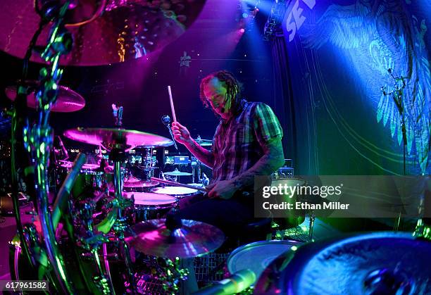 Drummer Morgan Rose of Sevendust performs during a stop of the band's Kill the Flaw tour at Brooklyn Bowl Las Vegas at The Linq Promenade on October...