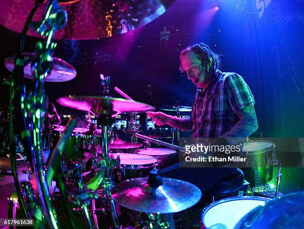 Drummer Morgan Rose of Sevendust performs during a stop of the band's Kill the Flaw tour at Brooklyn Bowl Las Vegas at The Linq Promenade on October...