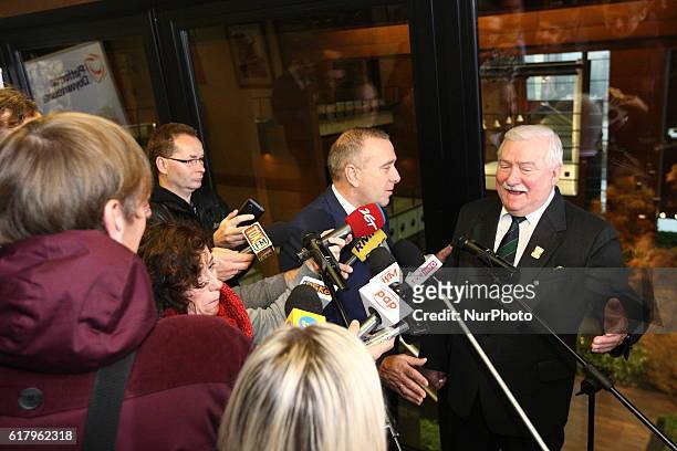 Former President of Poland Lech Walesa and Civic Platform leader Grzegorz Schetyna meet in the European Solidarity Centre to announce cooperation...