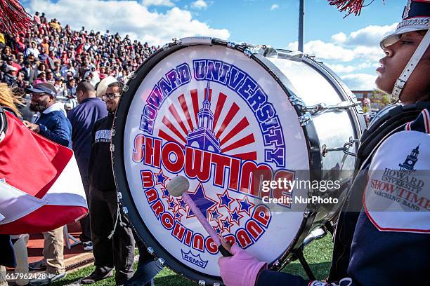 Howard University's marching band leaves the filed after performing during halftime of their 93rd annual Homecoming game against North Carolina...