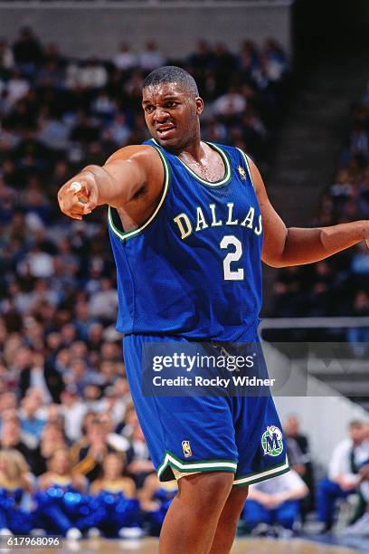 Oliver Miller the Dallas Mavericks points against the Golden State Warriors circa 1996 at Oakland-Alameda County Coliseum Arena in Oakland,...