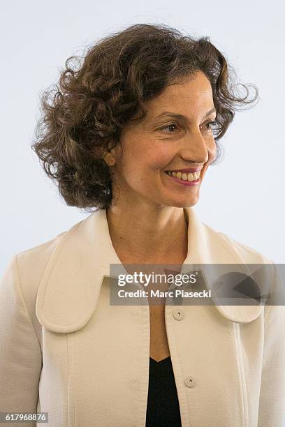 Minister of Culture and Communication Audrey Azoulay attends Louis Chedid ceremony receiving medal of 'Commander of the Order of Arts and Letters' at...