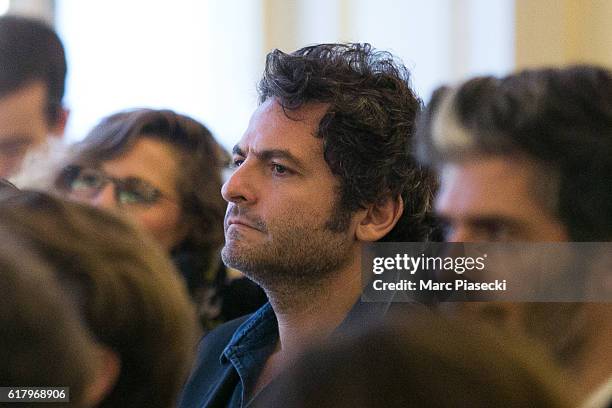 Musician Matthieu Chedid attends Louis Chedid ceremony receiving medal of 'Commander of the Order of Arts and Letters' at Ministere de la Culture...